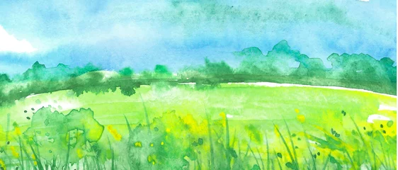 Foto op Plexiglas anti-reflex Aquarel schilderij, landschap van helder groen gras, steppe, groene, gele bloemen, planten, veld, weide tegen een heldere blauwe hemel. Logo, kaart voor uw ontwerp. Zomer platteland landschap. © helgafo