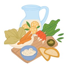 Restaurant or diner meal served on wooden board