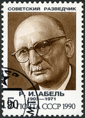 USSR - 1990: shows Rudolf Ivanovich Abel real name William August Fisher (1903-1971), intelligence officer, colonel, Hero of the Soviet Union, Foreign Intelligence Service, 1990