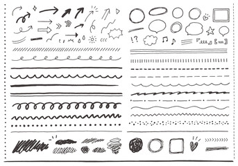 いろんな手描きの線や矢印、吹き出しのセット（白背景）