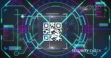 Animation of scope scanning and qr code security check on black background - Powered by Adobe