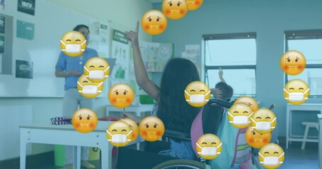 Multiple face mask and sick face emojis falling against female teacher teaching in class
