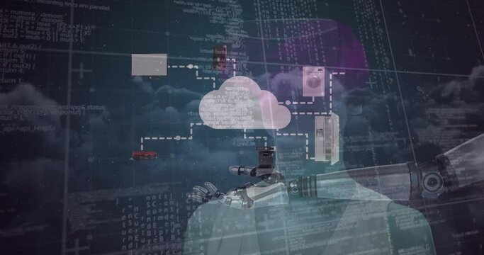 Animation of cloud with connections, data processing over robot's arm and woman wearing vr headset