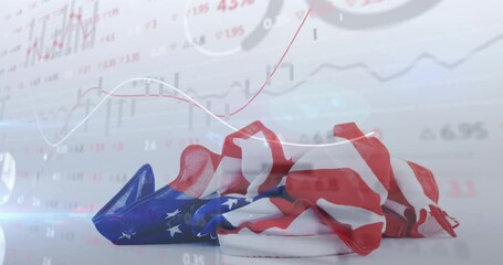 Animation of financial data processing with american flag falling - Powered by Adobe