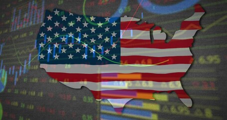 Animation of financial data processing over map of usa with american flag - Powered by Adobe