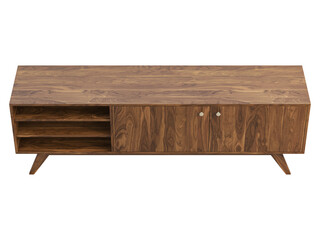 Wooden media console with retractable shelves and doors. 3d render