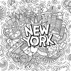 New York hand drawn cartoon doodle illustration. Funny City design.