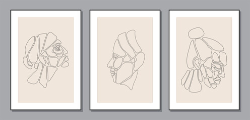 Set of minimalist contemporary portrait of woman beauty surreal face