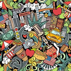 Cartoon doodles New York seamless pattern.