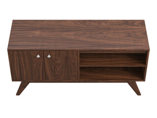 Wooden media console with retractable shelves and doors. 3d render