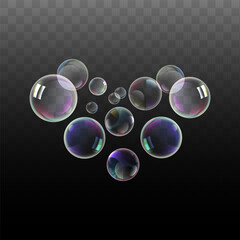 Vector soap bubbles  on black background. Heart shape from bubbles.