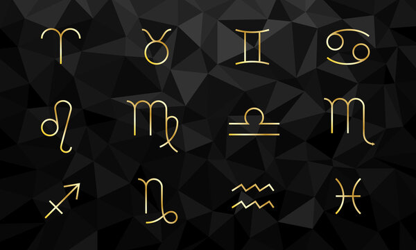 Gold zodiac signs. Astral symbols in black polygon background. Astrological horoscope.