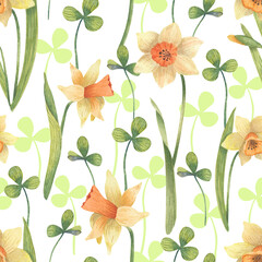 Seamless spring pattern with yellow daffodils and clover leaves. Can be used as a background texture, wrapping paper, textile, or Wallpaper design.