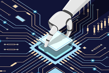 The robot installed the processor in the circuit board.