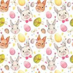 Watercolor seamless easter pattern with cute bunnies, easter eggs, hearts and bows. Hand-drawn easter bunnies, colored eggs. Stylish cute easter background.