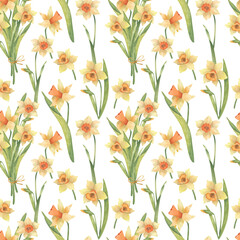 Fototapeta na wymiar Seamless spring pattern with yellow daffodils. Can be used as a background texture, wrapping paper, textile, or Wallpaper design.