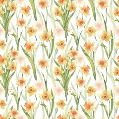 Seamless spring pattern with yellow daffodils. Can be used as a background texture, wrapping paper, textile, or Wallpaper design.