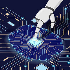 The artificial intelligence microprocessor on the circuit board. The hand of the robot touches the processor.
