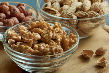 Walnuts, hazelnuts and almonds, healthy diet, macro