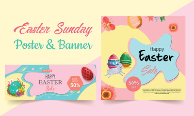 Happy Easter sales vector template with pink gold realistic-looking eggs. Sunday greeting card, postcard, invitation, poster, banner template.