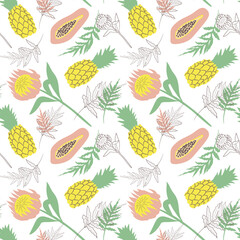 Seamless pattern with tropical flowers, leaves and fruits. Protea blossom, papaya, pineapple. On white background.