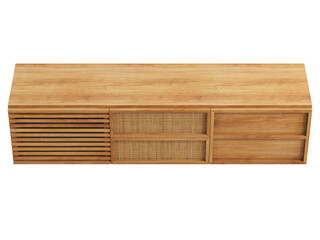 Wooden media console with retractable shelves and doors. 3d render
