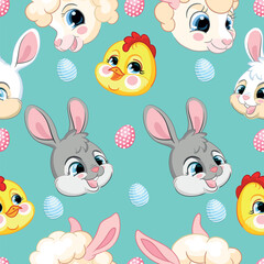 Seamless vector pattern with Easter concept. Heads of cute rabbits, lambs and chickens. Colorful illustration isolated on turquoise background. For print, t-shirt,design,wallpaper, decor,textile,linen