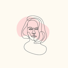 Beautyfull girl face. Continuous one line drawing. Abstract minimal woman portrait. Logo, icon, label. Vector hand drawn illustration