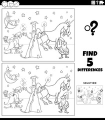 differences game with fantasy characters color book page