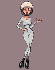 cartoon slender woman in gray jumpsuit and astronaut helmet