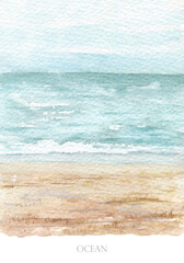 Azure ocean beach background. Watercolor sea, beige sand
