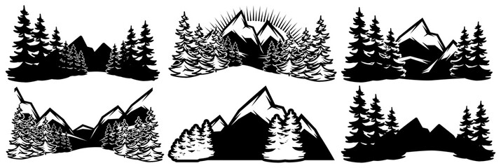 A set of templates for badges with mountains and coniferous forest in different design. Vector monochrome illustration. Background solution
