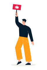 Man holding thumb up sign. Positive customer feedback, follower on social media, client satisfaction. Male character recommending, giving testimonial. User experience concept. Isolated modern vector