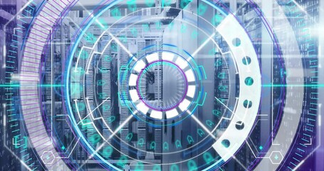 Digital animation of round neon scanner and data processing against empty server room - Powered by Adobe