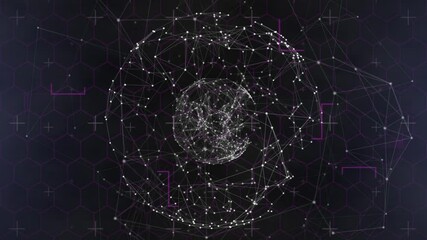 Globe of network of connections spinning against hexagonal shapes on purple background - Powered by Adobe