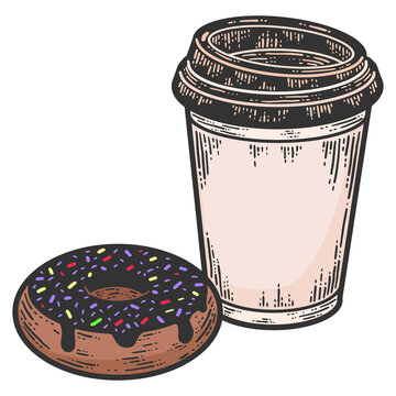 Set of takeaway coffee and donut. Sketch scratch board imitation.