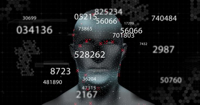 Digital animation of multiple changing numbers against human face model on black background