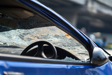 Broken car windshield after an accident on the road, Car crash accident damaged on the road car...