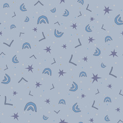 Seamless blue, gray, purple patterns and specks on a cyan background. Abstract design for boys, packaging, children's textiles, sportswear, wallpapers, fabrics, postcards, print