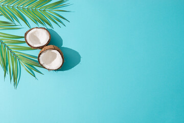 Obraz na płótnie Canvas Tropical green palm leaf and cracked coconut on blue background. Organic food, cosmetics. Trendy summertime banner, spa concept. flat lay, top view, copy space