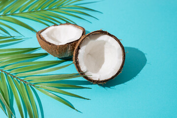 Coconut halves with palm leaves on blue background. Close up. Organic cosmetics, food, summertime concept