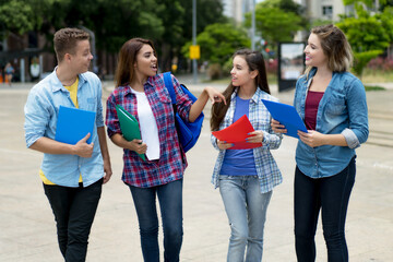 Group of walking and talking male and female students
