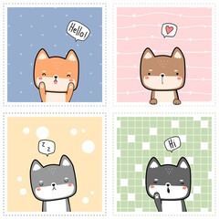 Set of cute little shiba inu japanese dog cartoon doodle pastel square card
