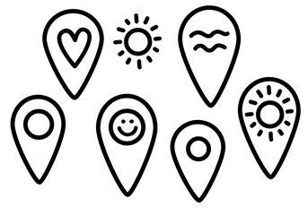 Vector doodle set of geotags with images of the sun, sea, smile. Map pointer icon. GPS location symbol. Map pin line design. Hand draw Geotag sign icon in doodle style. Black lines isolated on a white