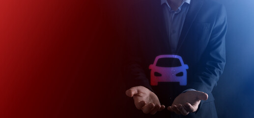 Digital composite of Man holding car icon.Car automobile insurance and car services concept....