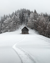 Fantastic winter landscape with wooden house in snowy mountains. Christmas holiday concept....