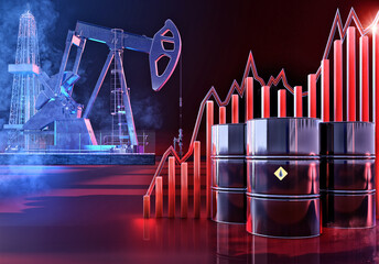 Increasing oil stock price. Oil price up growth graph 3D background: oil pump, drill rig, barrels, energy high price charts rise. Coronavirus covid-19 impact on brent oil market economy fluctuations 