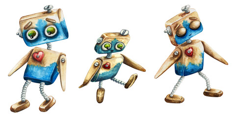 A child's character, a kind robot in beige and blue colors. With a heart on his chest. Three different poses, three emotions. Watercolour hand drawing.