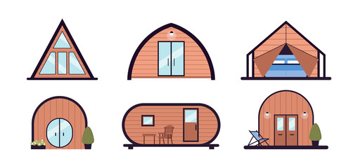 Collection of glamping houses. Summer country houses and a frame cottages, alpine chalet, camping, mountain house. Cartoon style, flat illustration. For websites, wallpapers, posters or banners