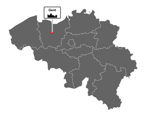 Landkarte von Belgien mit Orstsschild Gent